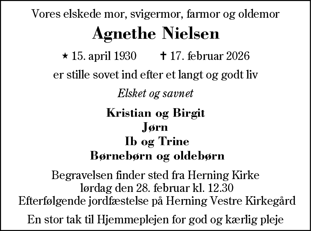 Dødsannonce for Agnethe Nielsen