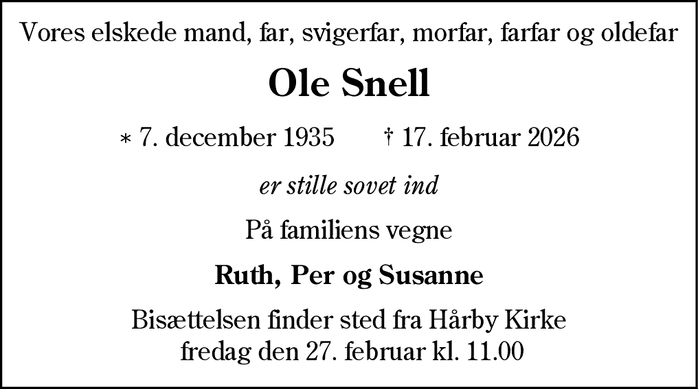 Dødsannonce for Ole Christian Asmus Snell