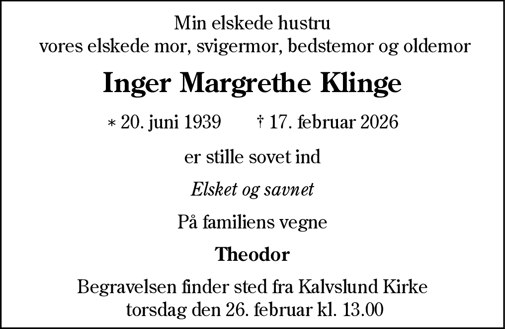 Dødsannonce for Inger Margrethe Klinge