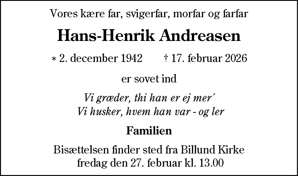 Dødsannonce for Hans-Henrik Andreasen
