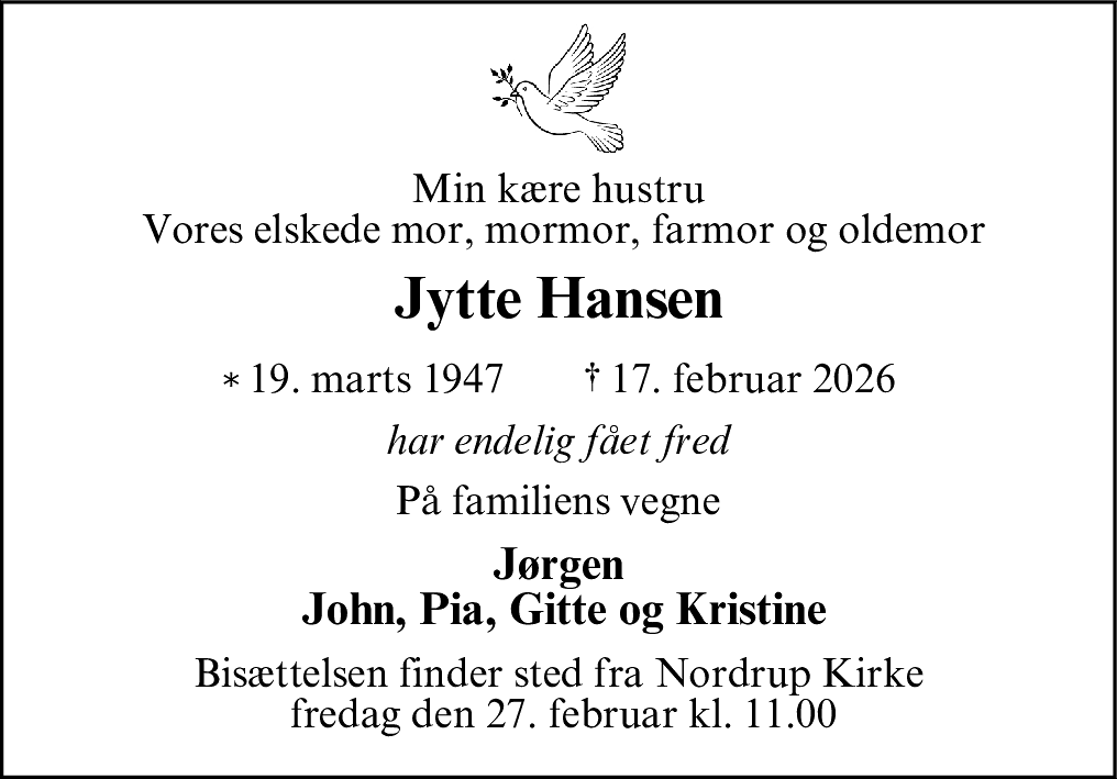 Dødsannonce for Jytte Hansen