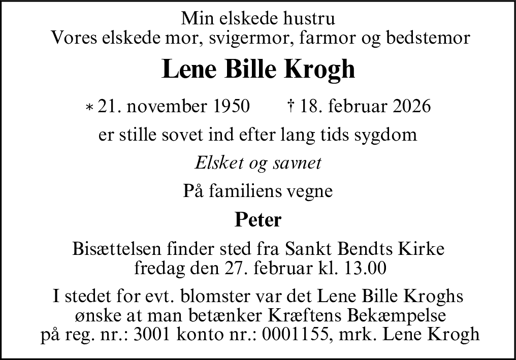 Dødsannonce for Lene Bille Krogh