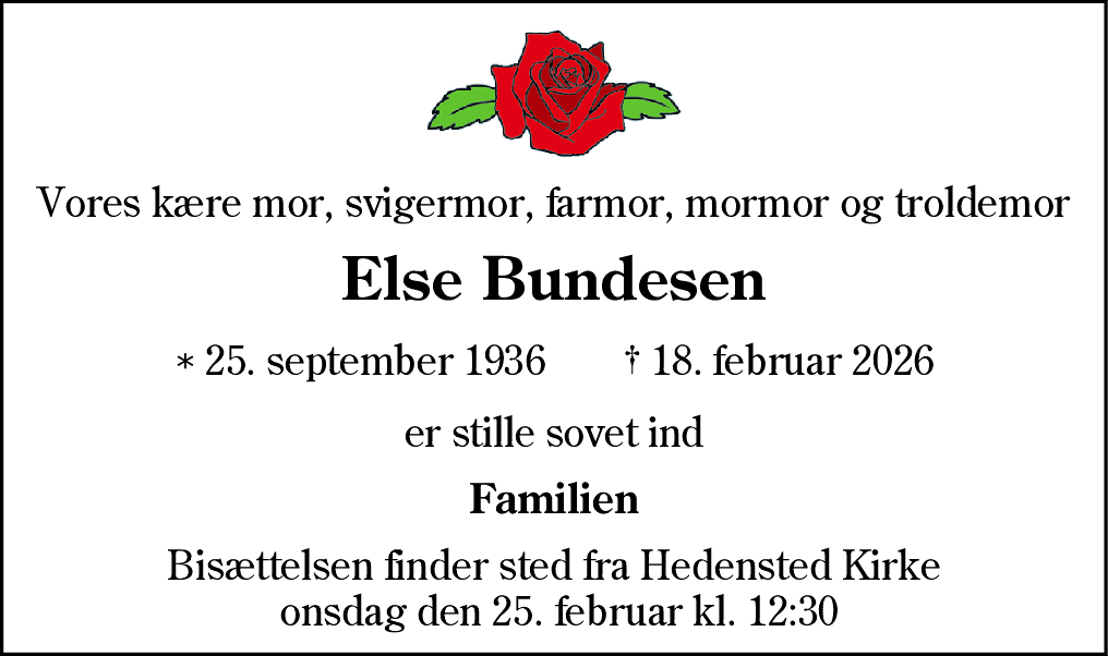 Dødsannonce for Else Bundesen