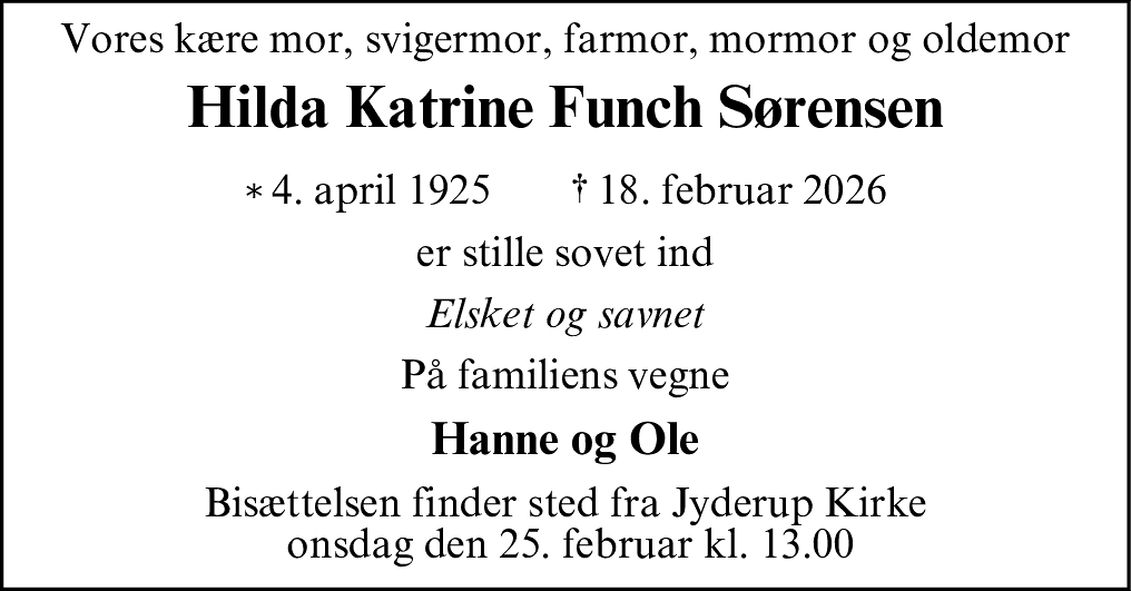 Dødsannonce for Hilda Funch Sørensen