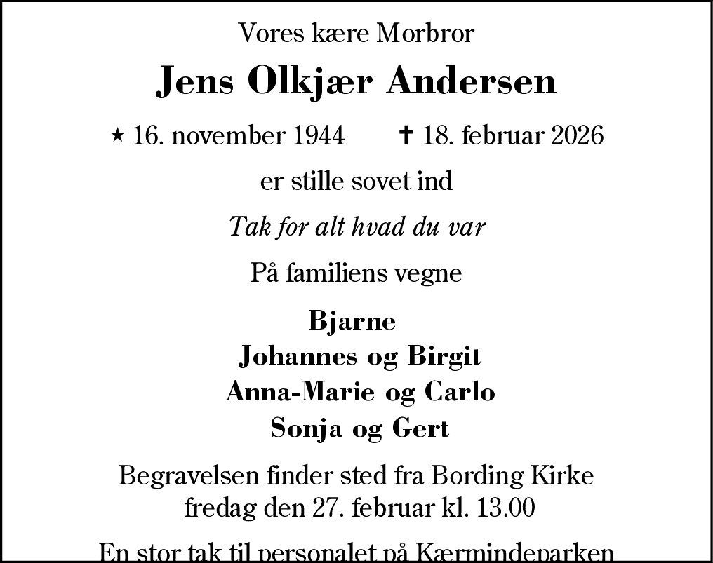 Dødsannonce for Jens Olkjær Andersen