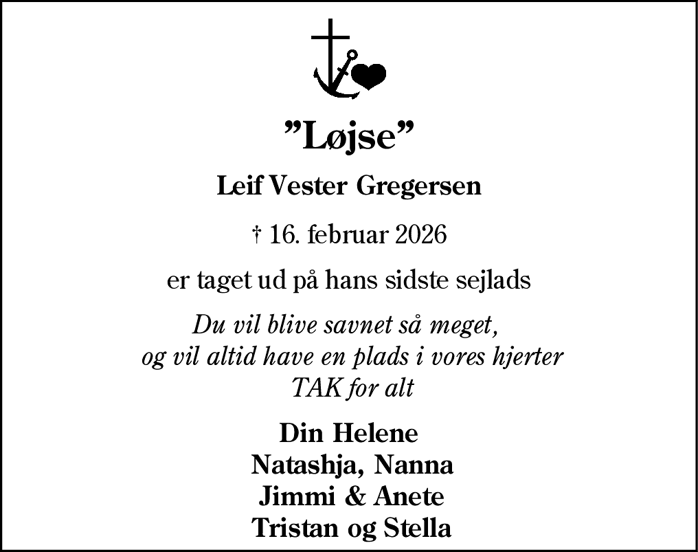 Dødsannonce for Leif Vester Gregersen