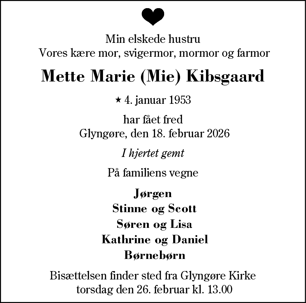 Dødsannonce for Mette Marie Kibsgaard