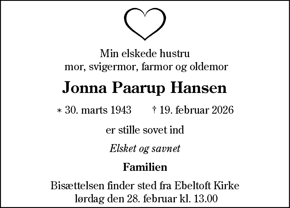 Dødsannonce for Jonna Paarup Hansen