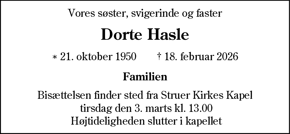 Dødsannonce for Dorte Hasle