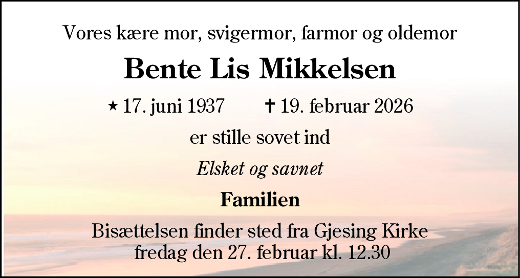 Dødsannonce for Bente Lis Mikkelsen