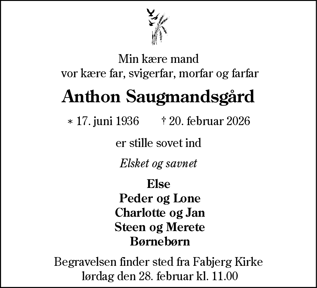 Dødsannonce for Anthon Saugmandsgård