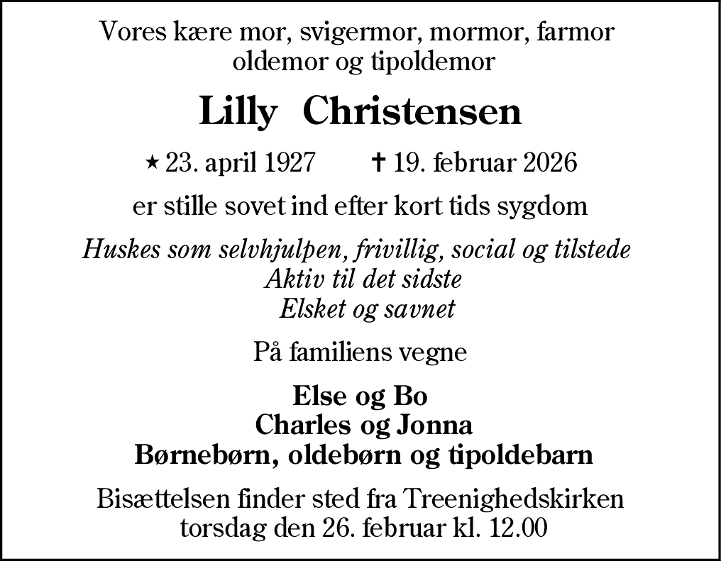 Dødsannonce for Lilly Lydia Christensen