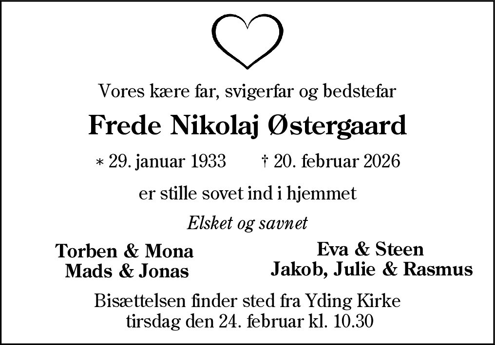 Dødsannonce for Frede Nikolaj Østergaard