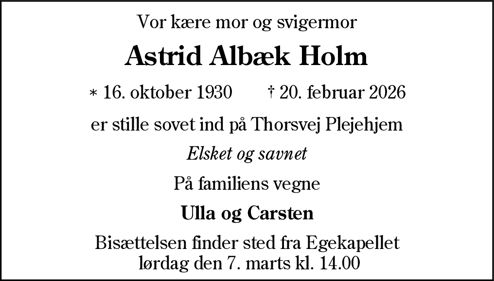 Dødsannonce for Astrid Albæk Holm