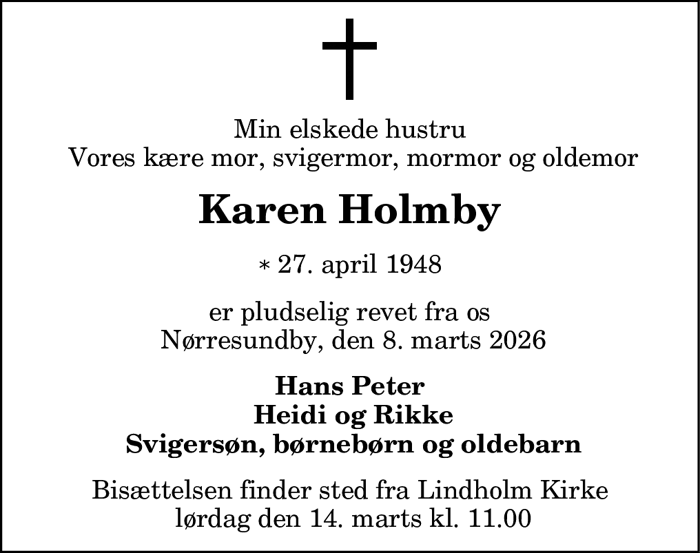 Dødsannonce for Karen Holmby