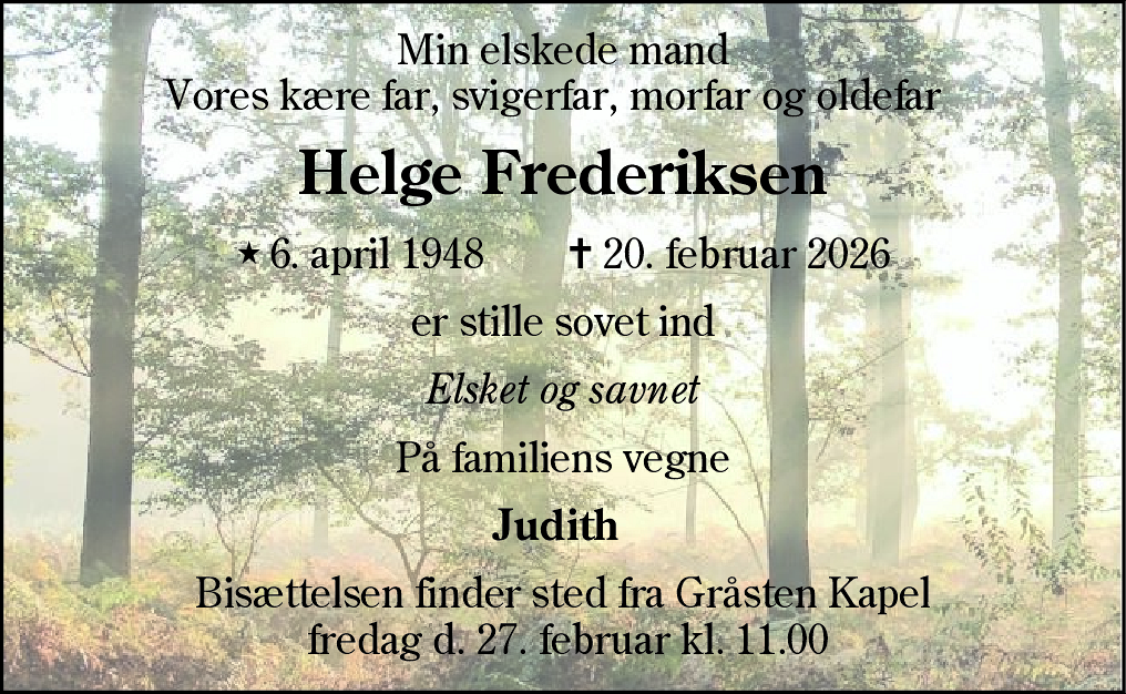 Dødsannonce for Helge Frederiksen