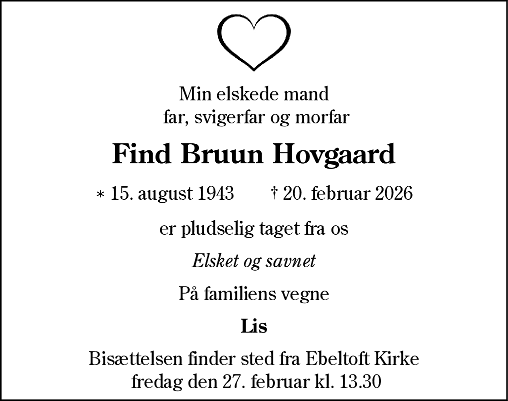 Dødsannonce for Find Bruun Hovgaard