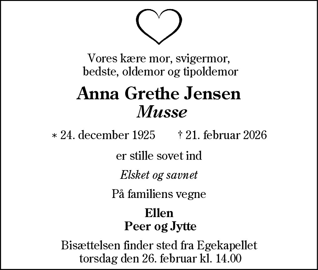 Dødsannonce for Anna Grethe Jensen