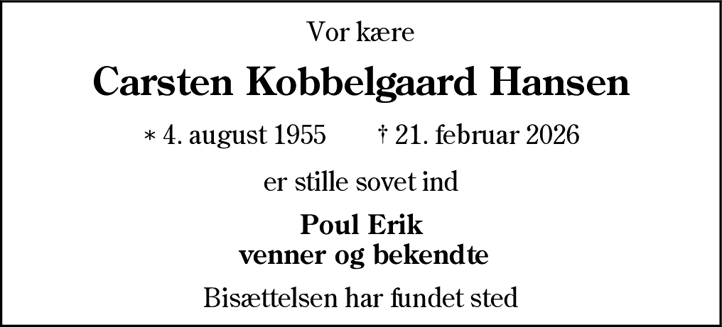 Dødsannonce for Carsten Kobbelgaard Hansen