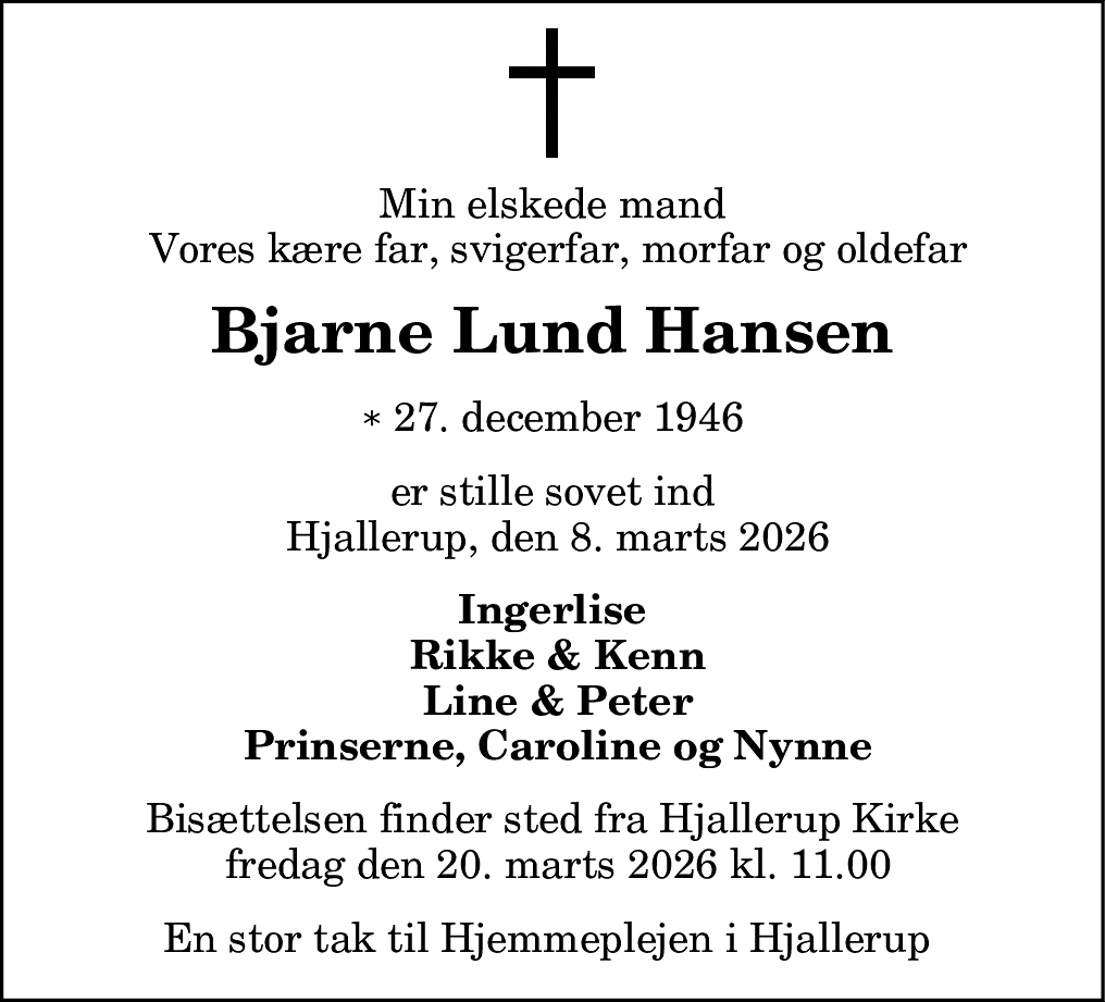 Dødsannonce for Bjarne Lund Hansen