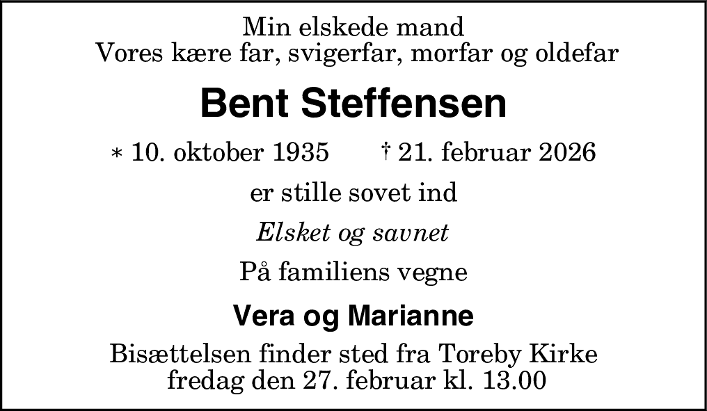 Dødsannonce for Bent Steffensen