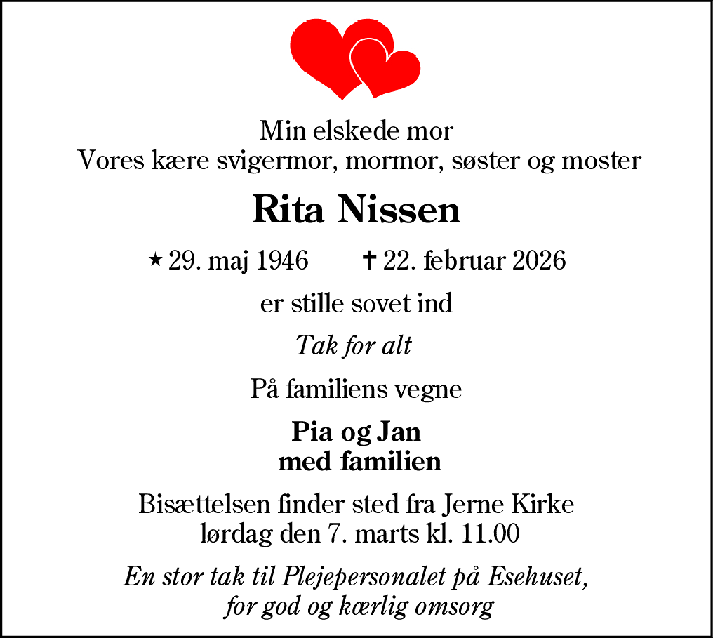 Dødsannonce for Rita Nissen