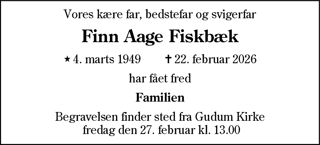 Dødsannonce for Finn Aage Fiskbæk