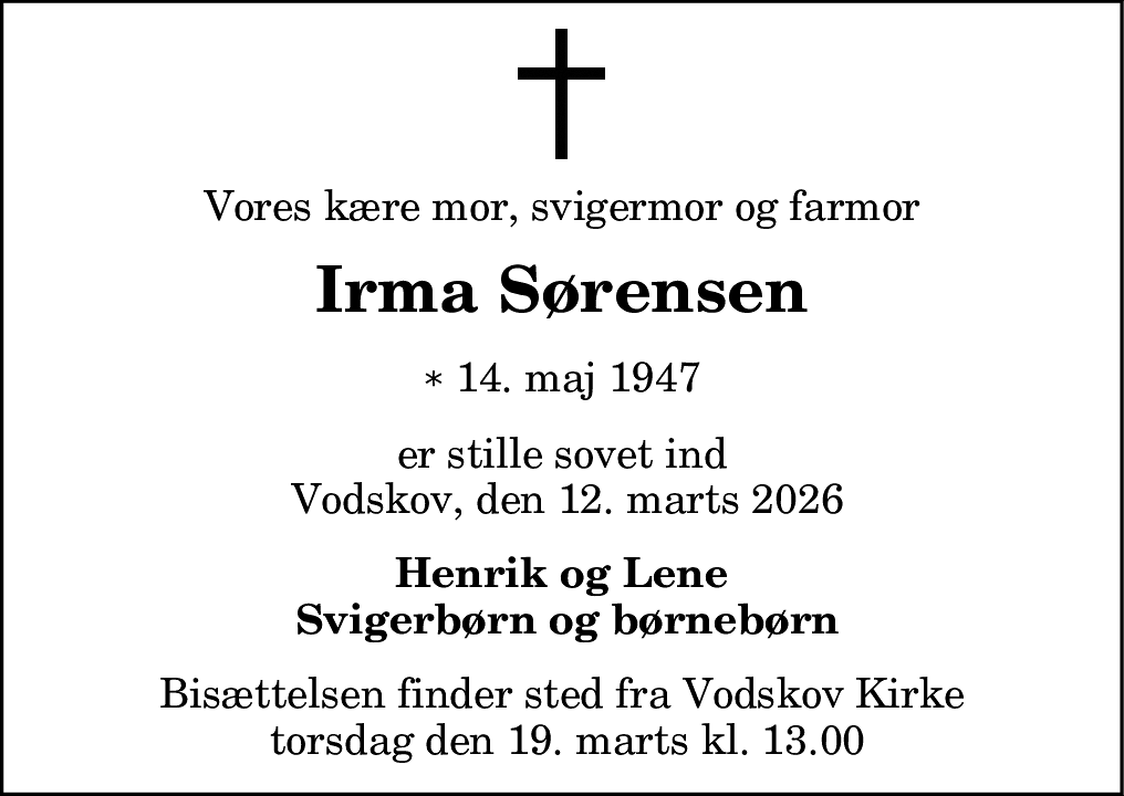 Dødsannonce for Irma Sørensen