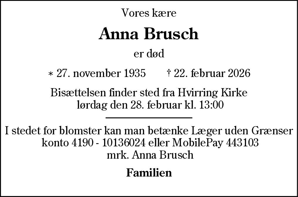 Dødsannonce for Anna Brusch