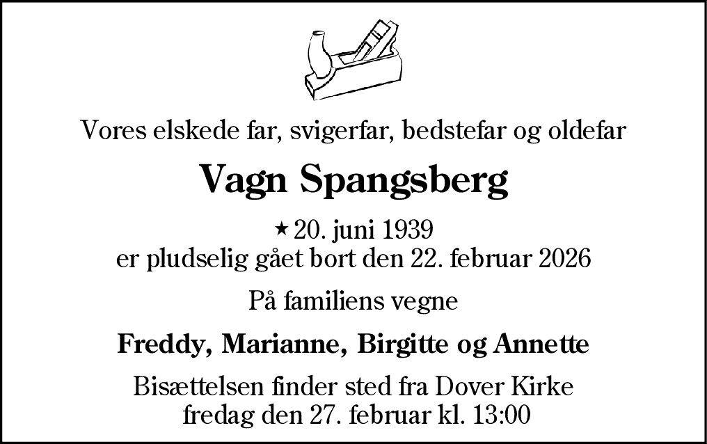 Dødsannonce for Vagn Spangsberg