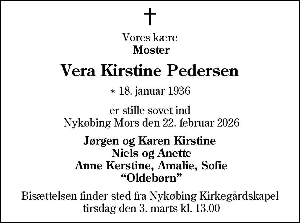 Dødsannonce for Vera Kirstine Pedersen