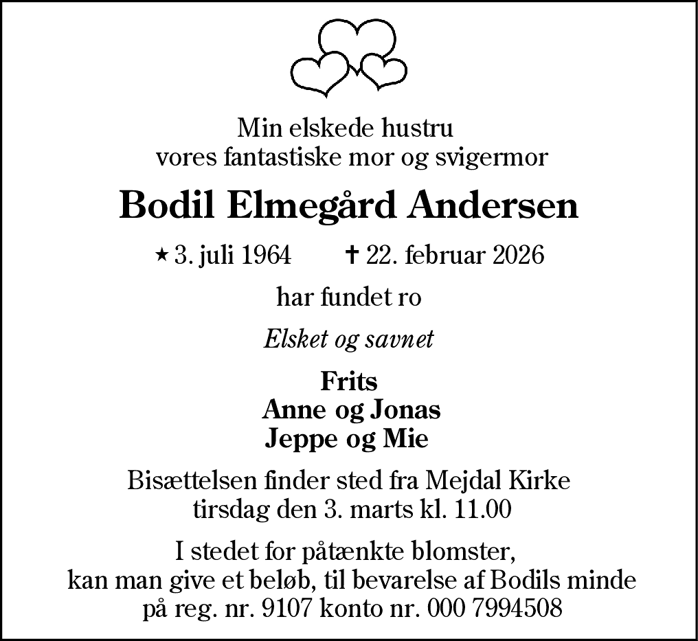 Dødsannonce for Bodil Elmegård Andersen