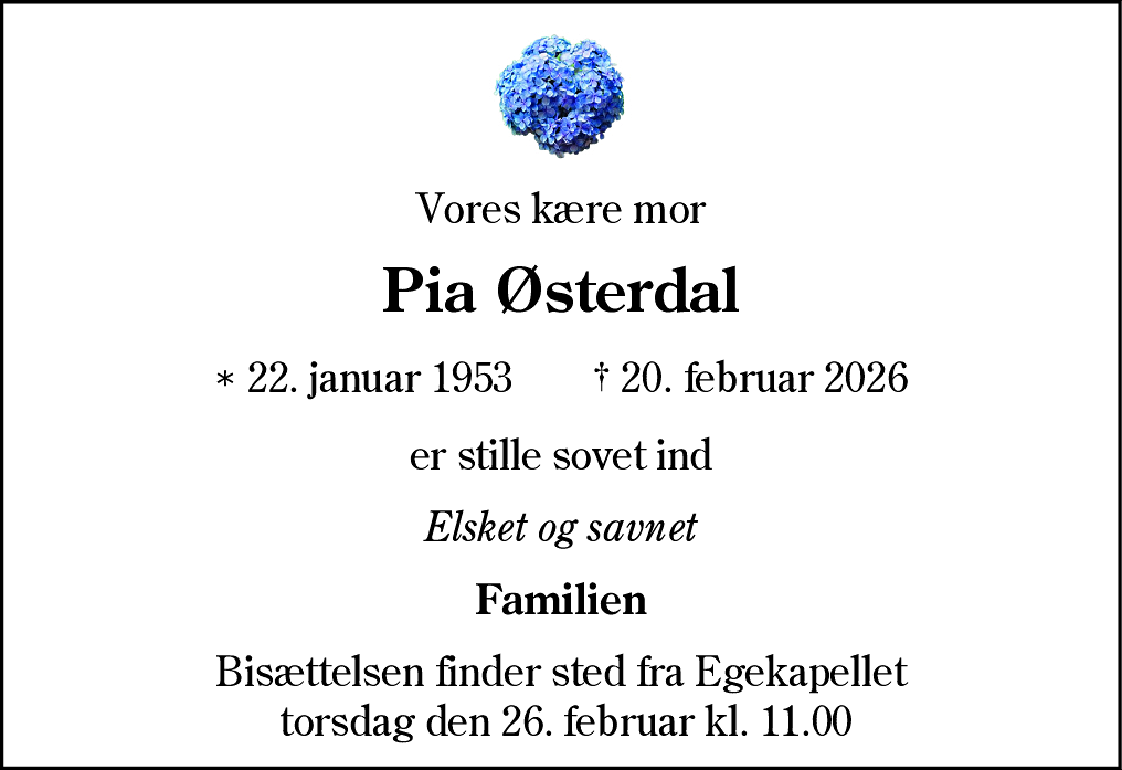 Dødsannonce for Pia Østerdal