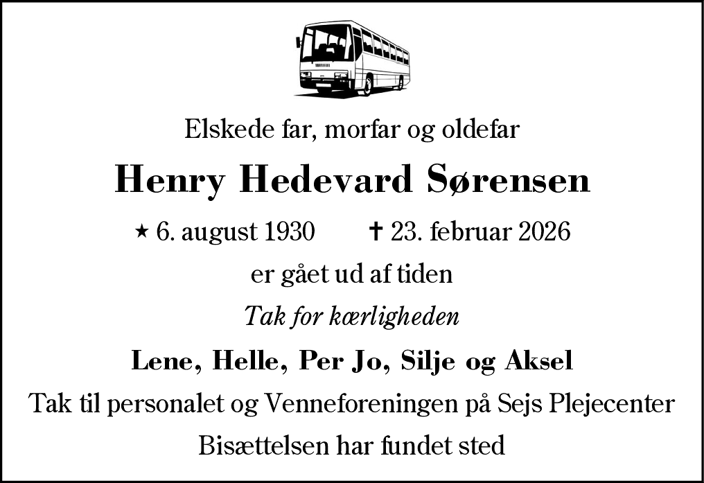 Dødsannonce for Henry Hedevard Sørensen
