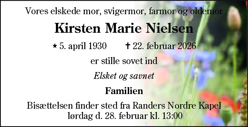Dødsannonce for Kirsten Marie Nielsen