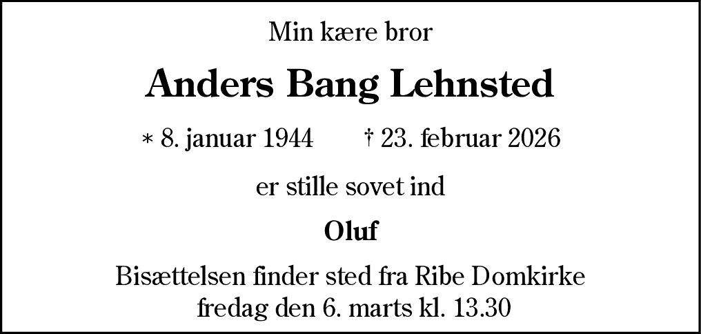 Dødsannonce for Anders Bang Lehnsted