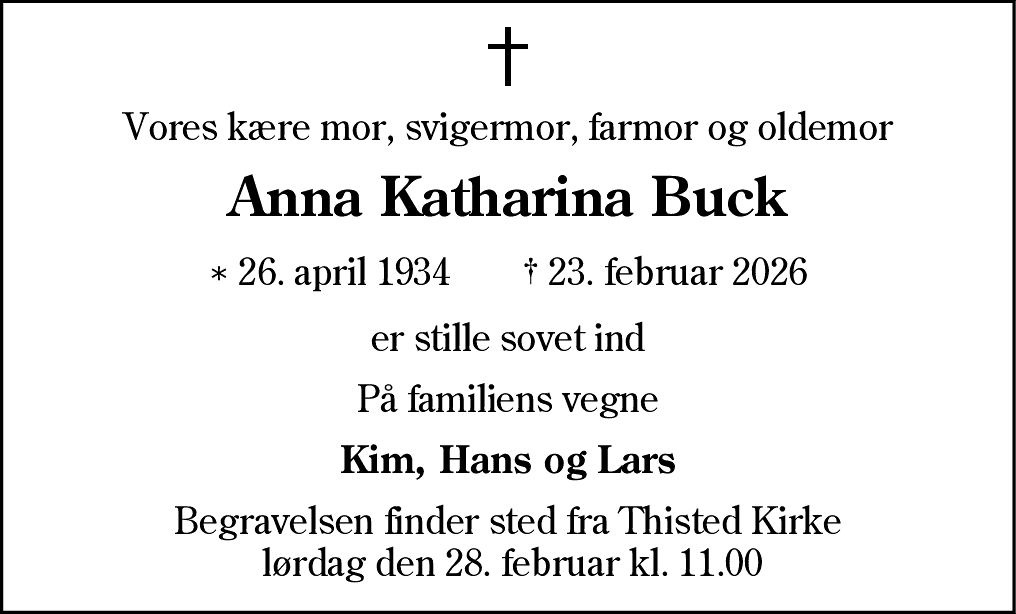 Dødsannonce for Anna Katharina Buck