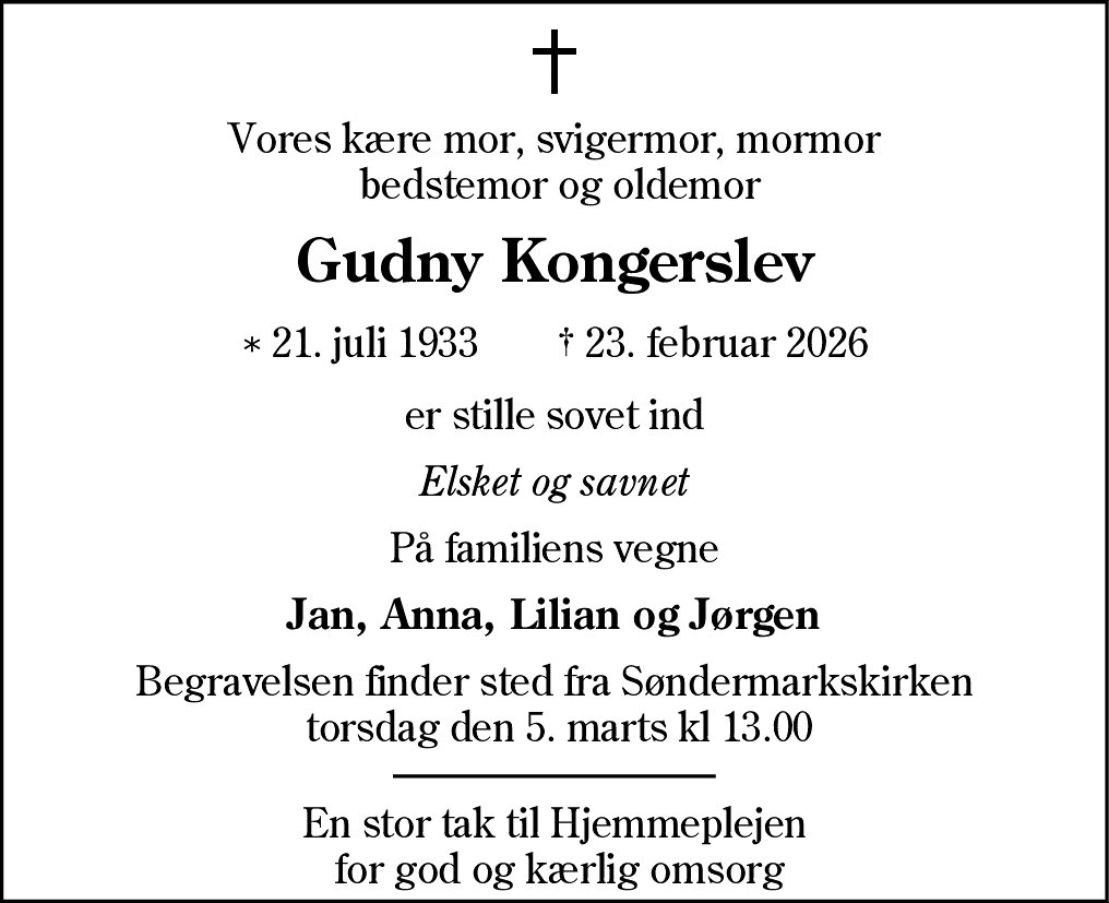 Dødsannonce for Gudny Kongerslev