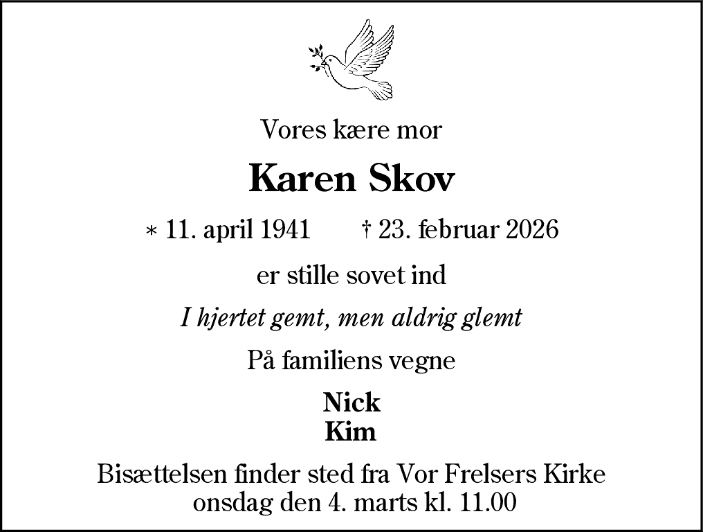 Dødsannonce for Karen Broberg Skov