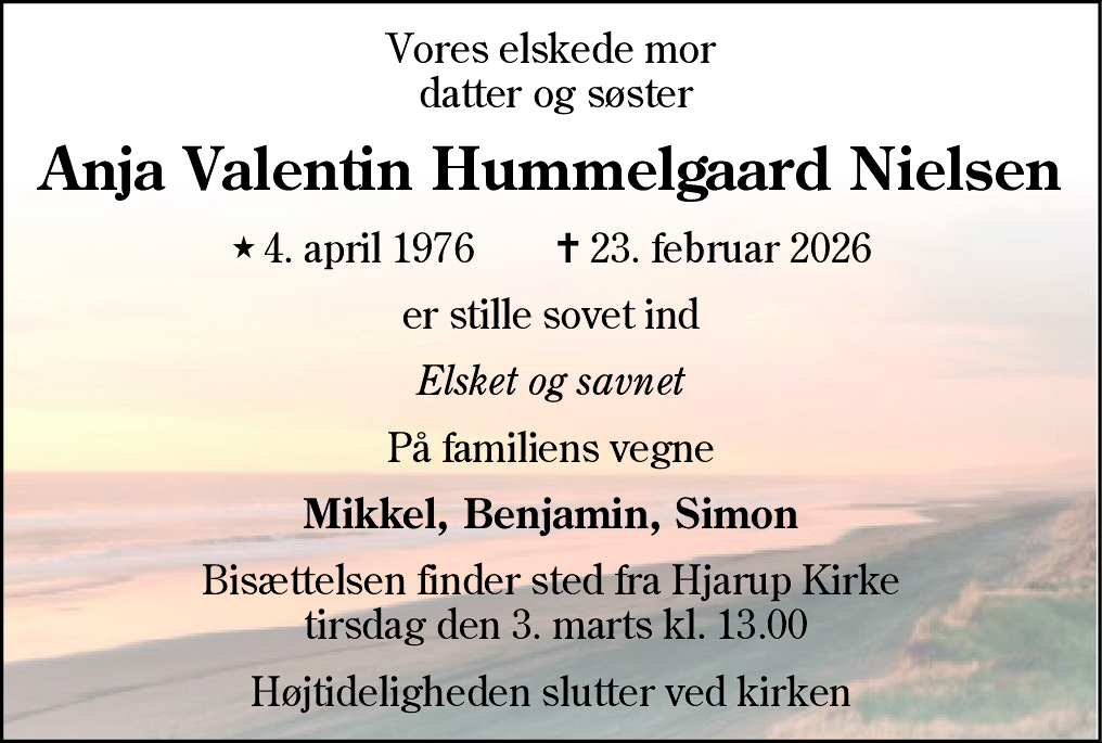 Dødsannonce for Anja Valentin Hummelgaard Nielsen