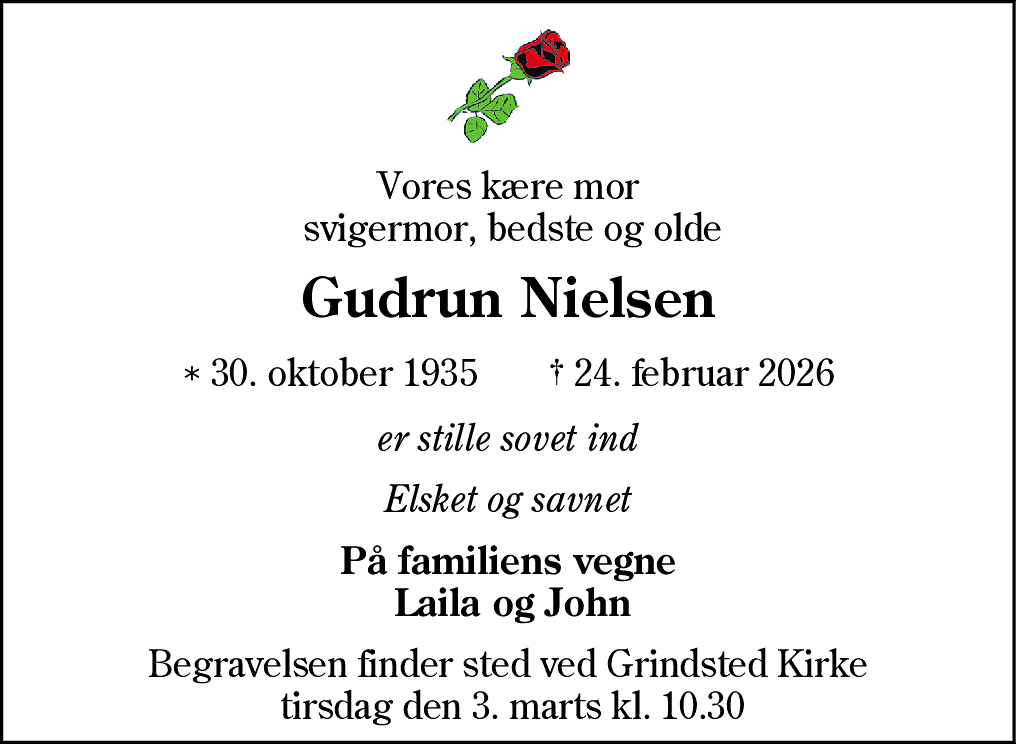 Dødsannonce for Gudrun Nielsen