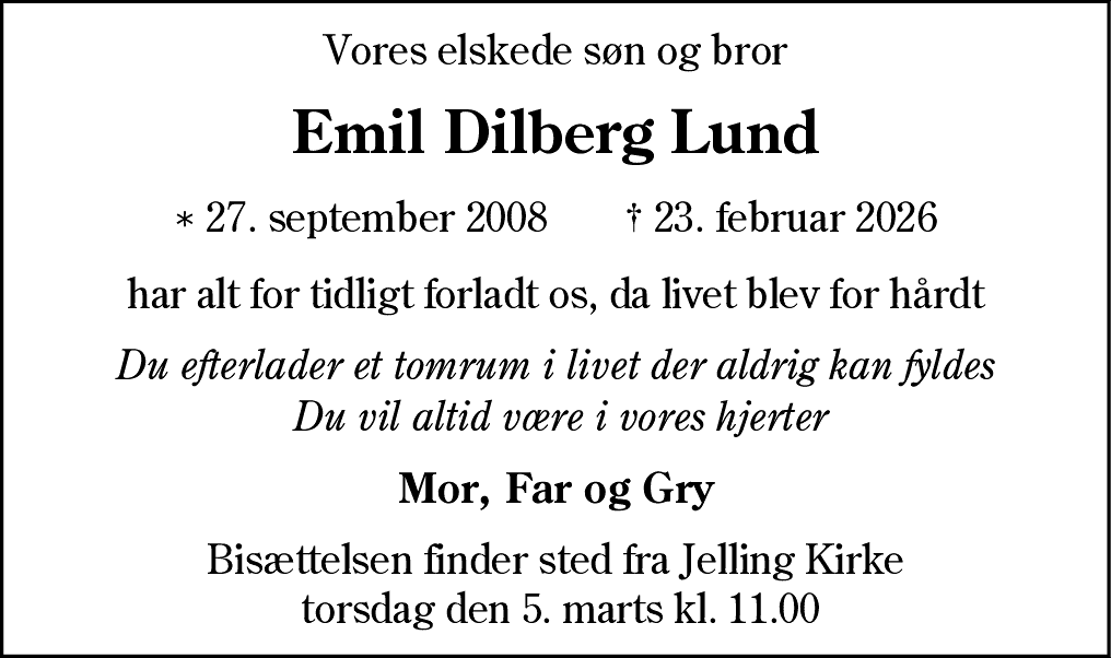 Dødsannonce for Emil Dilberg Lund