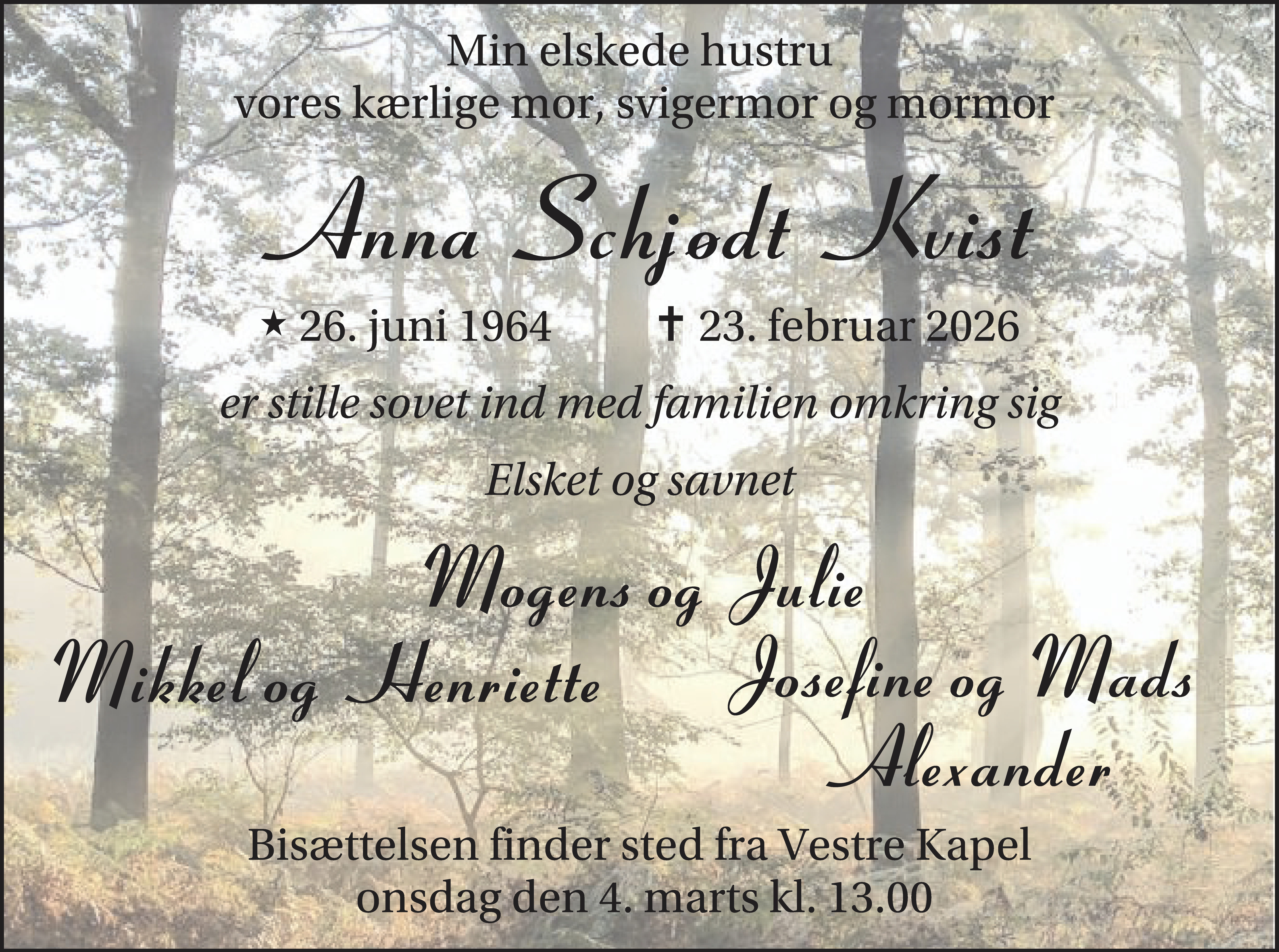Dødsannonce for Anna Schjødt Kvist