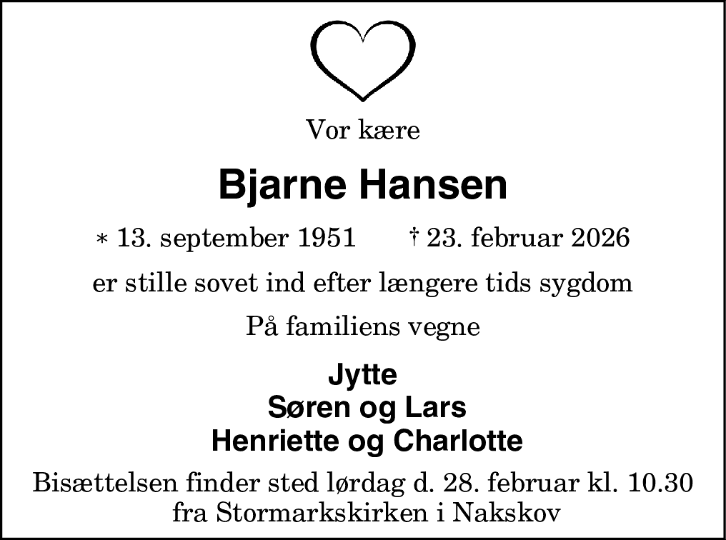 Dødsannonce for Bjarne Hansen