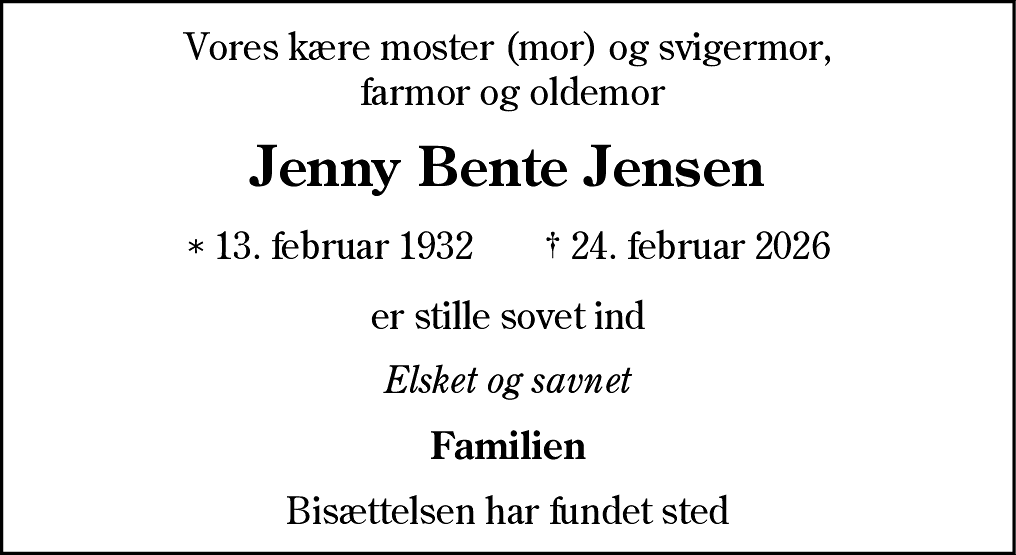 Dødsannonce for Jenny Bente Jensen
