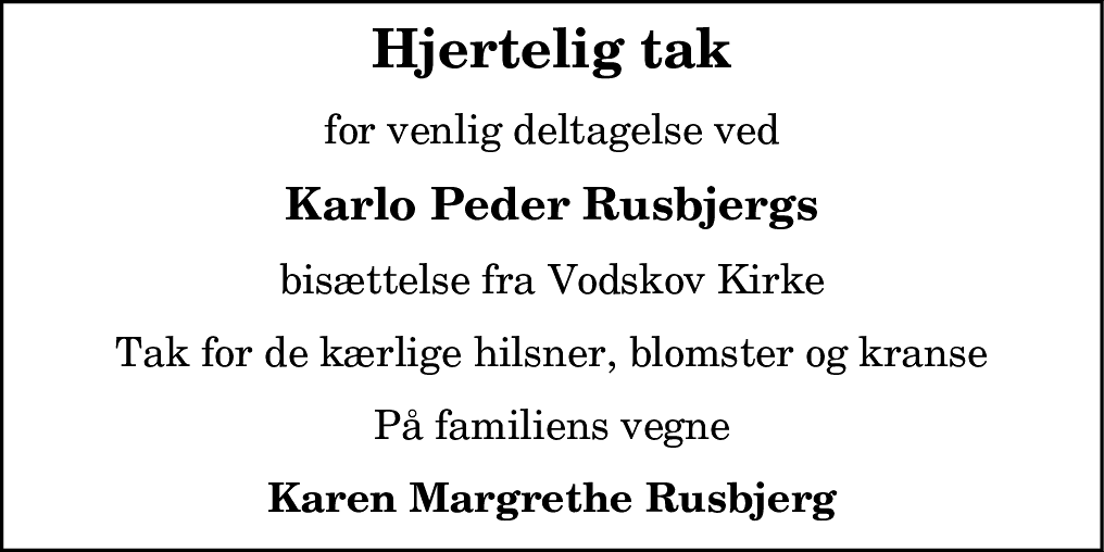 Dødsannonce for Karlo Peder Rusbjerg