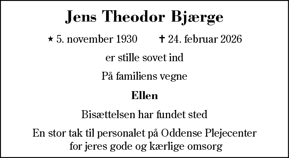 Dødsannonce for Jens Theodor Bjærge