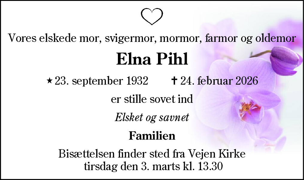 Dødsannonce for Elna Petersen Pihl