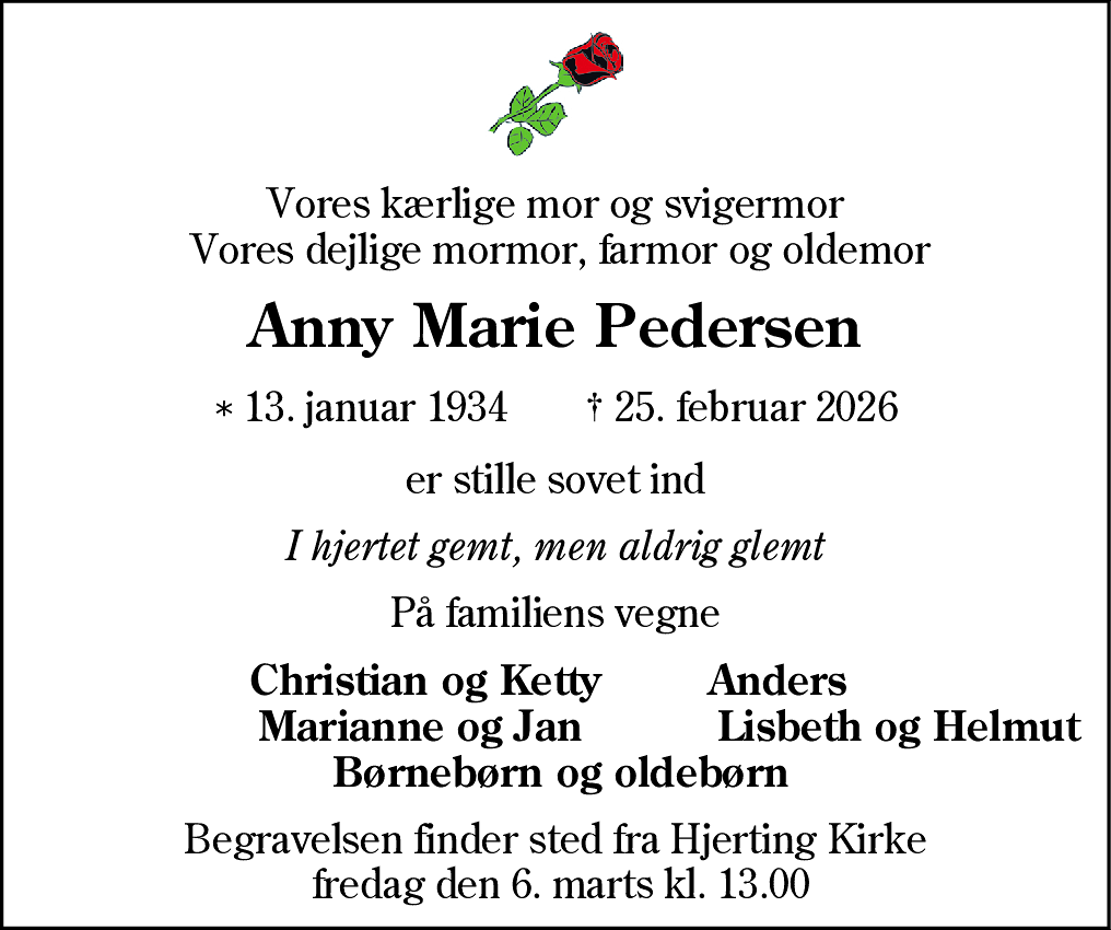 Dødsannonce for Anny Marie Pedersen
