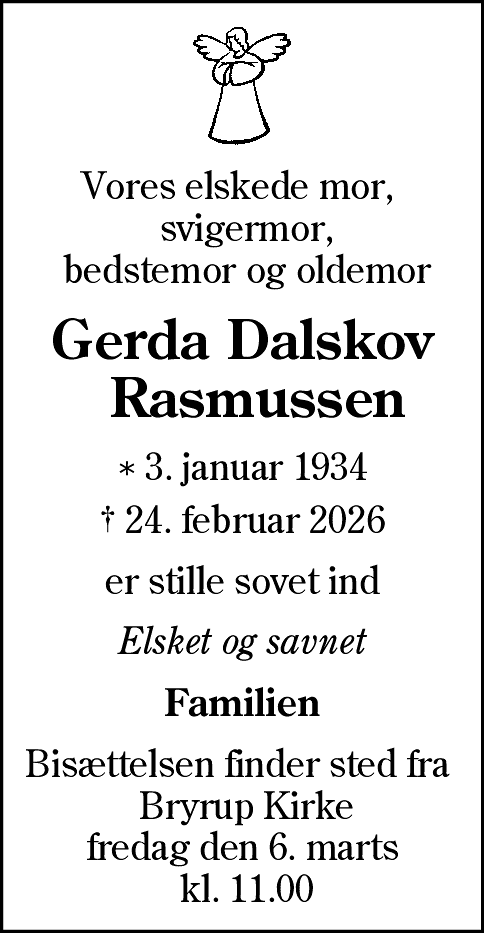 Dødsannonce for Gerda Rasmussen